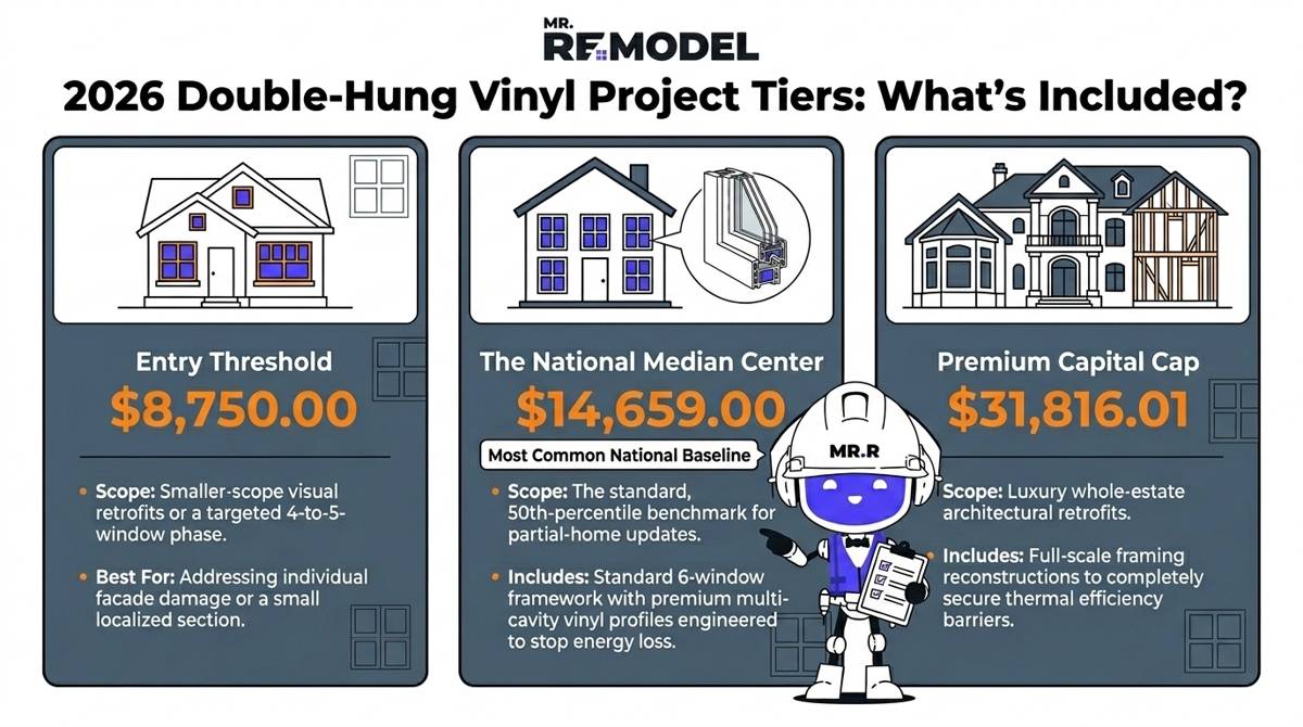 A 2026 vinyl window pricing tier graphic breaking down project scopes for a base entry project ($8,750), a national median project ($14,659), and a premium whole-estate cap ($31,816).